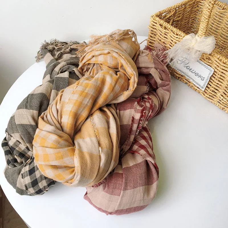 Есенно-зимни нови двустранни памучни дебели топли шалове в ретро стил, шарени шалове с пискюли на едро Изображение 1