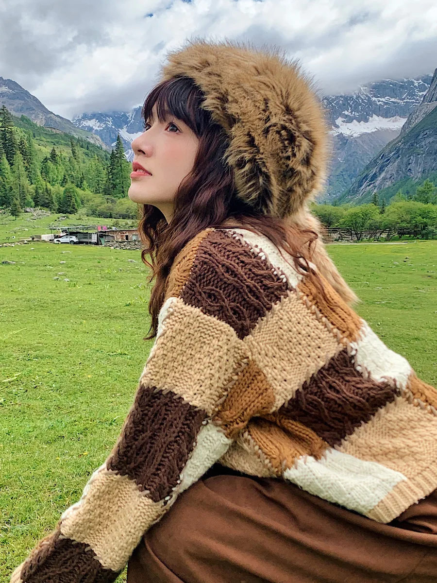 Есенно-пролетния женски Ретро японски кафяво каре, Кратък Свободен Дебел топъл 95% вълнен пуловер, Пуловер, жилетка Изображение 2