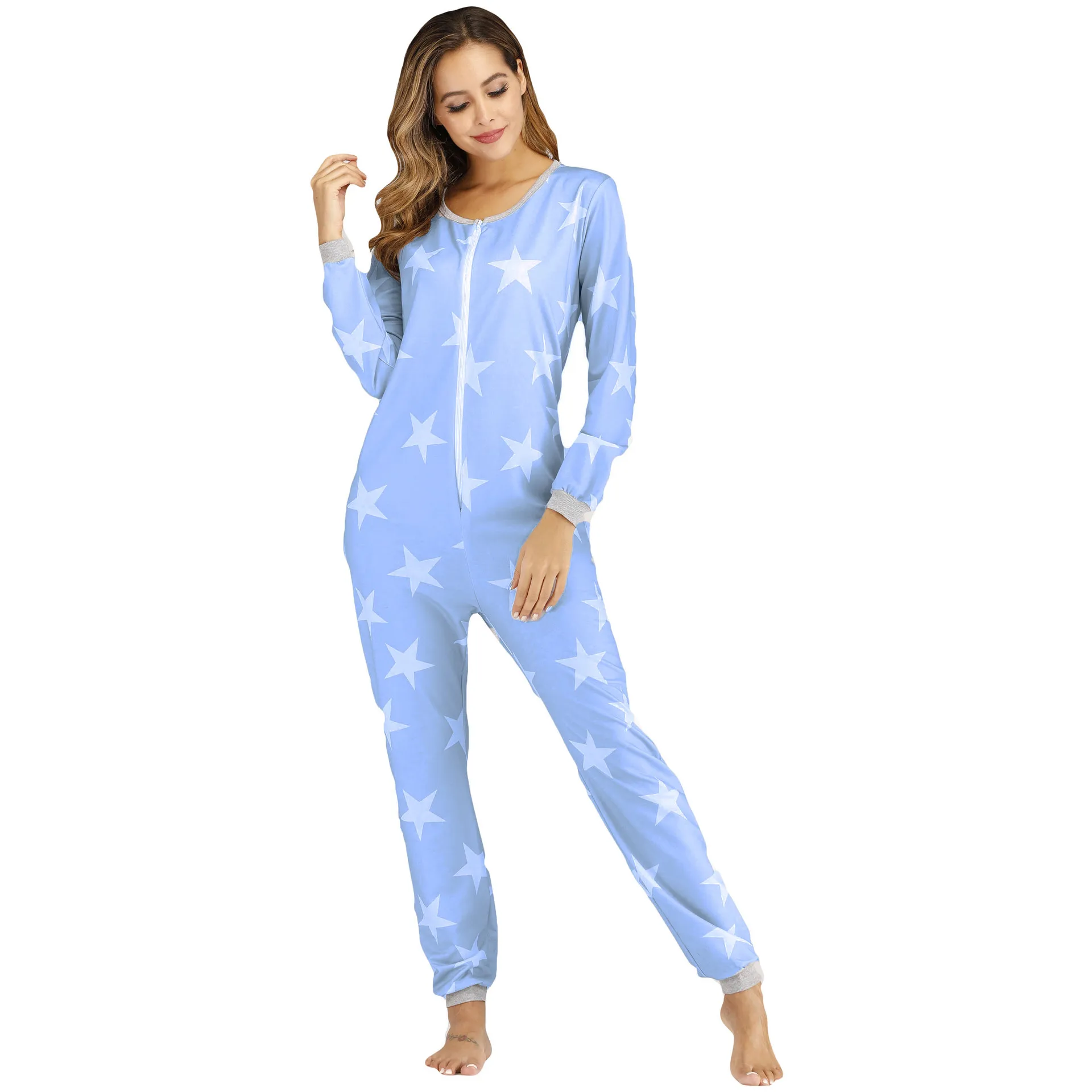 Жена гащеризон, синята пижама с принтом, пролет-есен, Дамски пижами с дълъг ръкав и кръгло деколте, пижами Изображение 0