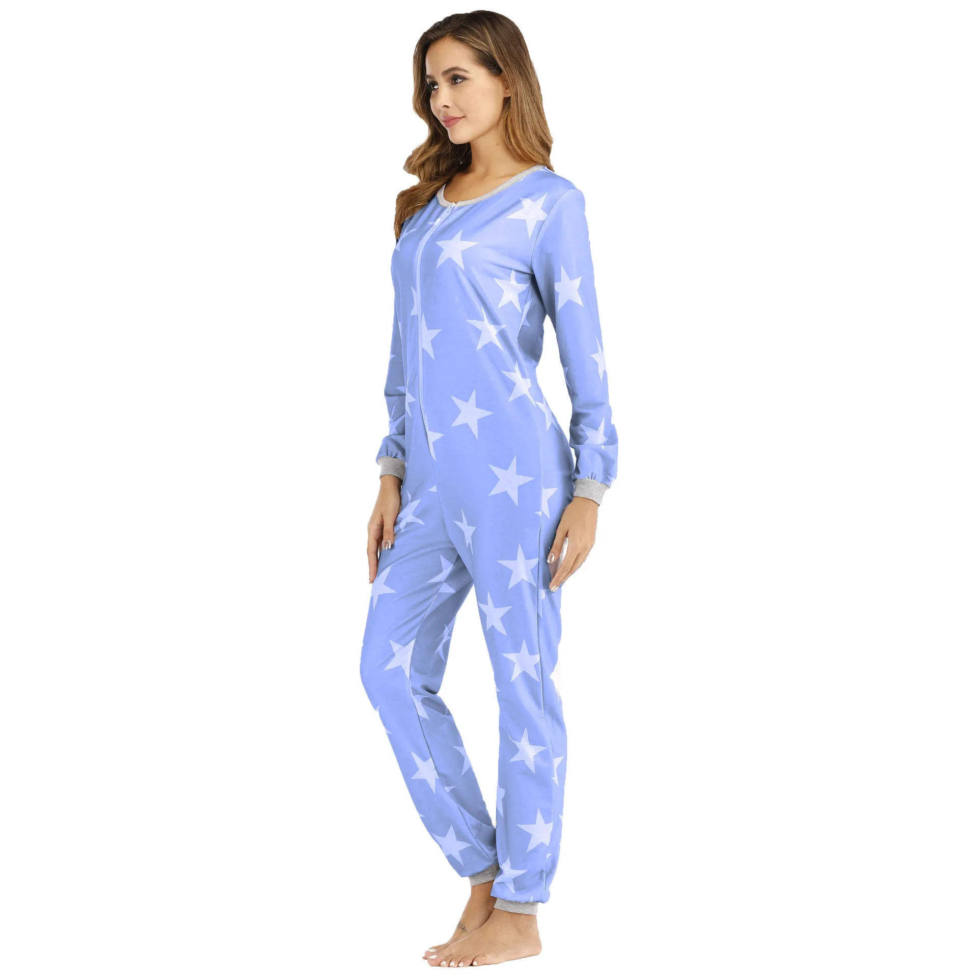 Жена гащеризон, синята пижама с принтом, пролет-есен, Дамски пижами с дълъг ръкав и кръгло деколте, пижами Изображение 3