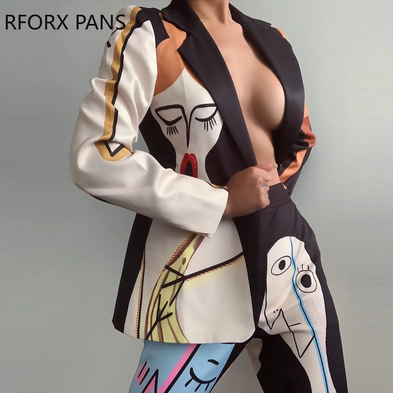 Жена елегантния блейзър с отложным яка и абстрактен модел, сако с дълги ръкави и яке Изображение 1