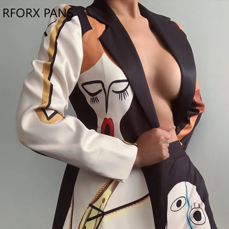 Жена елегантния блейзър с отложным яка и абстрактен модел, сако с дълги ръкави и яке Изображение 2