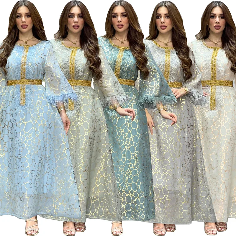 Жена есента сарафан, модерно мюсюлманската рокля с волани 2023, ежедневното Макси рокля с пищни ръкави в стил мозайка, женствена рокля на копчета Изображение 1