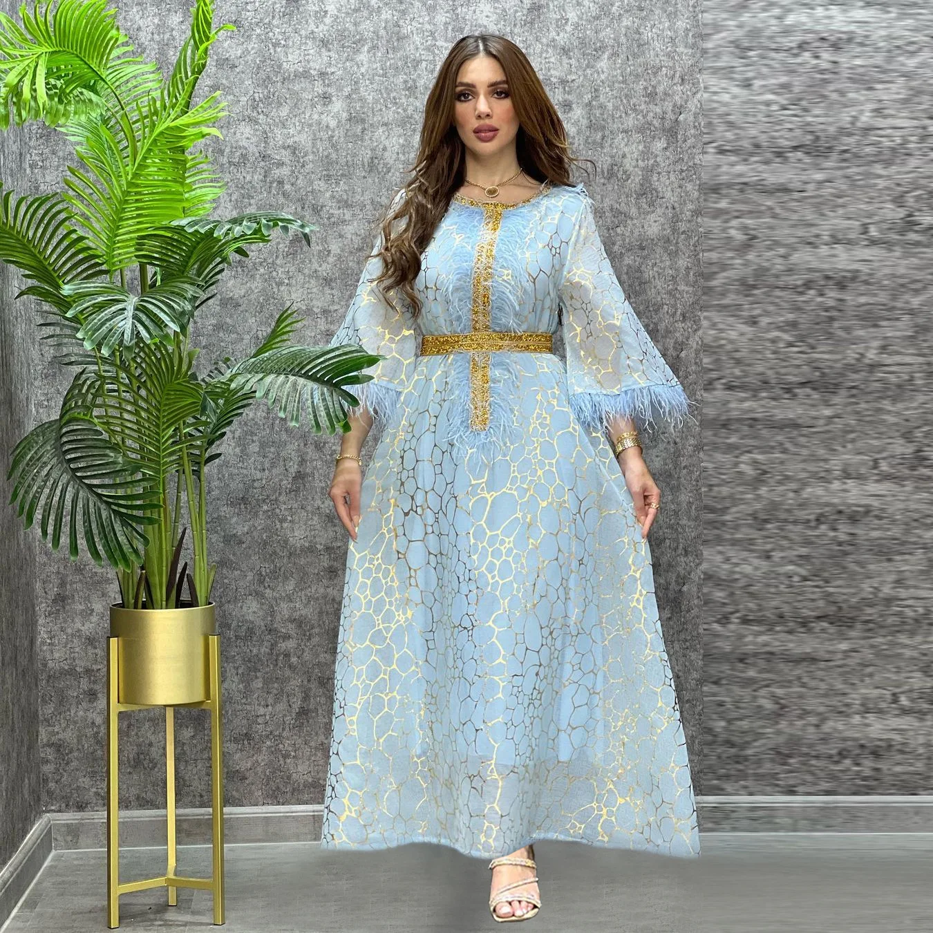 Жена есента сарафан, модерно мюсюлманската рокля с волани 2023, ежедневното Макси рокля с пищни ръкави в стил мозайка, женствена рокля на копчета Изображение 4