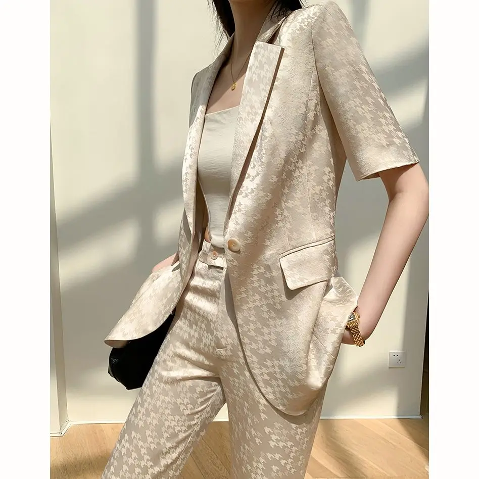 Жена модерен пъстро сако от естествена коприна, комплекти 2023, летни однобортные костюми от 2 теми, женски коприна сако с къс ръкав, сака + панталони Изображение 1
