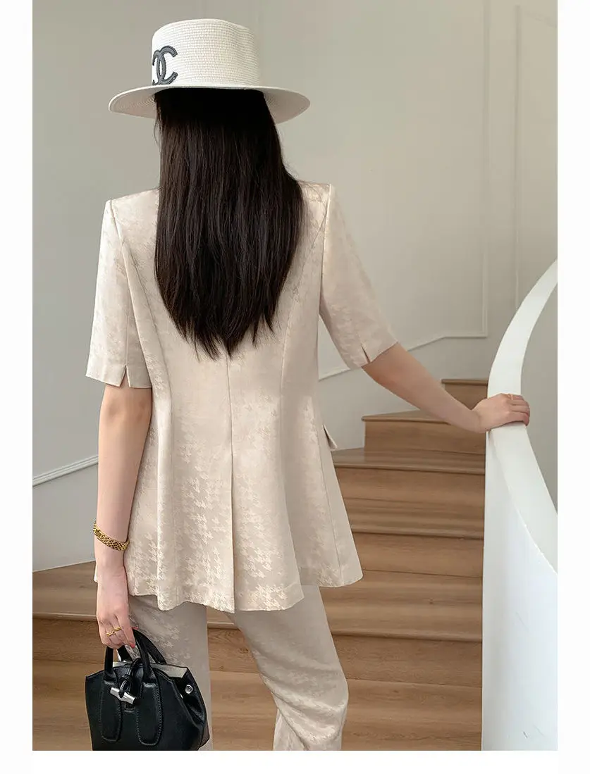 Жена модерен пъстро сако от естествена коприна, комплекти 2023, летни однобортные костюми от 2 теми, женски коприна сако с къс ръкав, сака + панталони Изображение 5