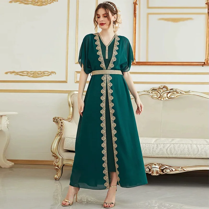 Женствена рокля абайя от Мароко, бельо макси рокля есен 2022, яка-часова, Къс ръкав, безплатно, Оман, Турция, Дубай, мюсюлмански хавлия Изображение 1