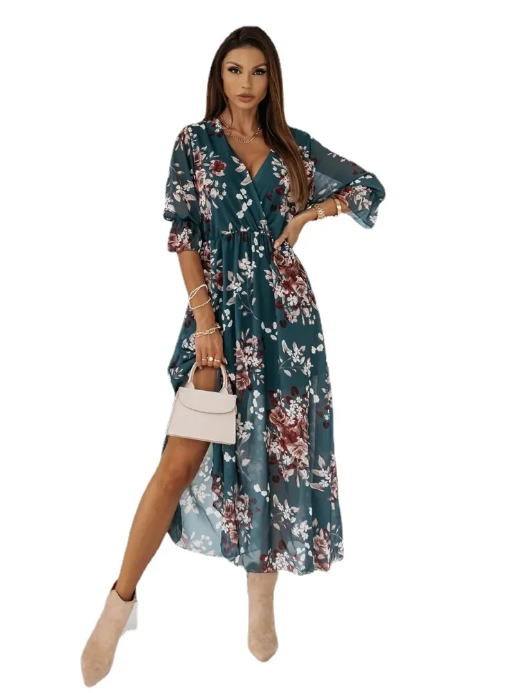Женствена рокля с високо качество, летни шифоновые рокли с флорални принтом и V-образно деколте и къс ръкав, Ежедневни Vestidos, дропшиппинг TCFS1105 Изображение 4