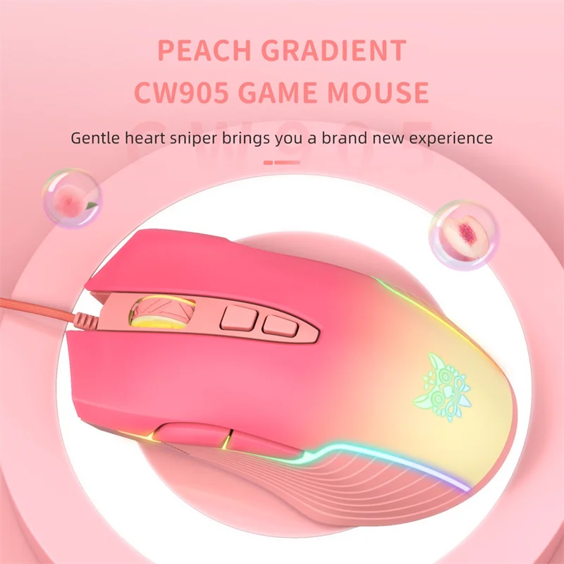 Жичен детска мишката Onikuma CW905 розов цвят с класификация на цвета RGB, USB интерфейс, Дизайн 7 бутона, 6 експрес DPI LED за PC Gamer Изображение 0