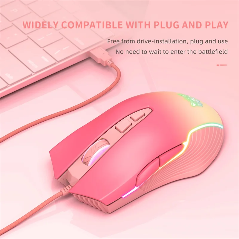 Жичен детска мишката Onikuma CW905 розов цвят с класификация на цвета RGB, USB интерфейс, Дизайн 7 бутона, 6 експрес DPI LED за PC Gamer Изображение 3