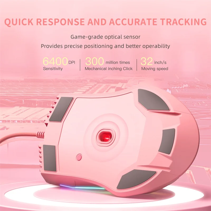 Жичен детска мишката Onikuma CW905 розов цвят с класификация на цвета RGB, USB интерфейс, Дизайн 7 бутона, 6 експрес DPI LED за PC Gamer Изображение 4