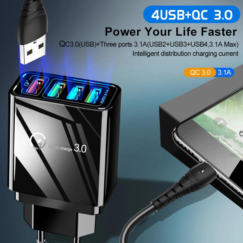 За дома или за пътуване с 4 USB порта QC 3,0 Адаптер бързо зарядно устройство ac адаптер за телефон, таблет Изображение 1