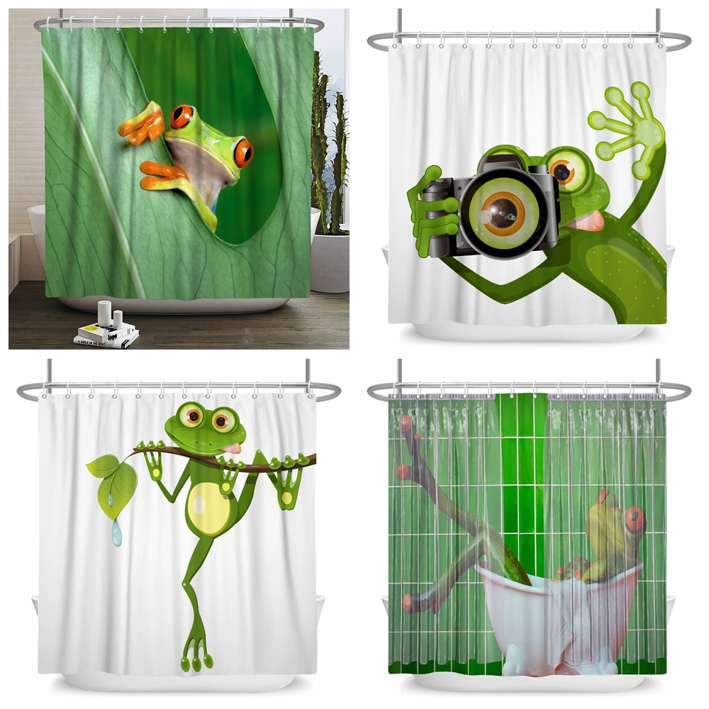 Забавни Комплекти завеса за душ с изображение на анимационни жаби, Творчески Декор на детска баня от водоустойчив плат, Куки за дома, Пердета за баня Изображение 0