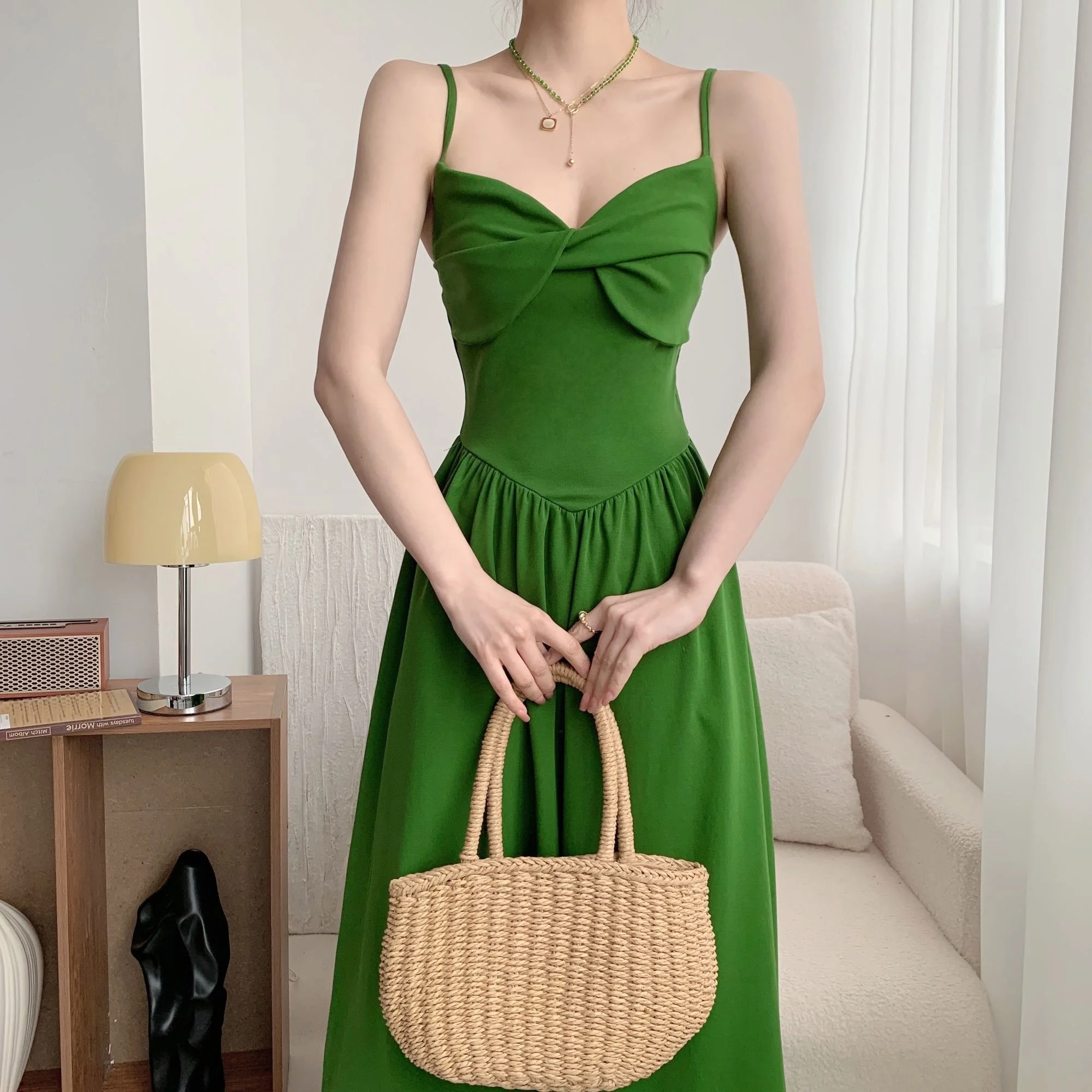 Зелена дълга рокля Макси с каишка на кръста, женски лятото на френското рокля трапецовидна форма с отворен гръб, Sweet Fahsion M564 Изображение 0
