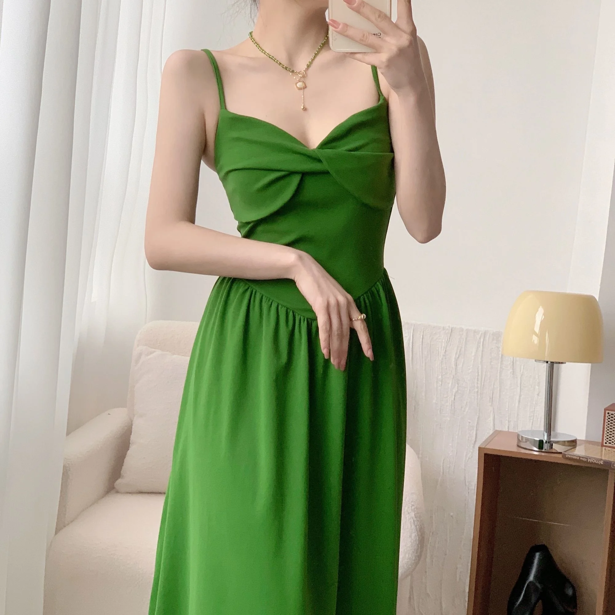 Зелена дълга рокля Макси с каишка на кръста, женски лятото на френското рокля трапецовидна форма с отворен гръб, Sweet Fahsion M564 Изображение 1