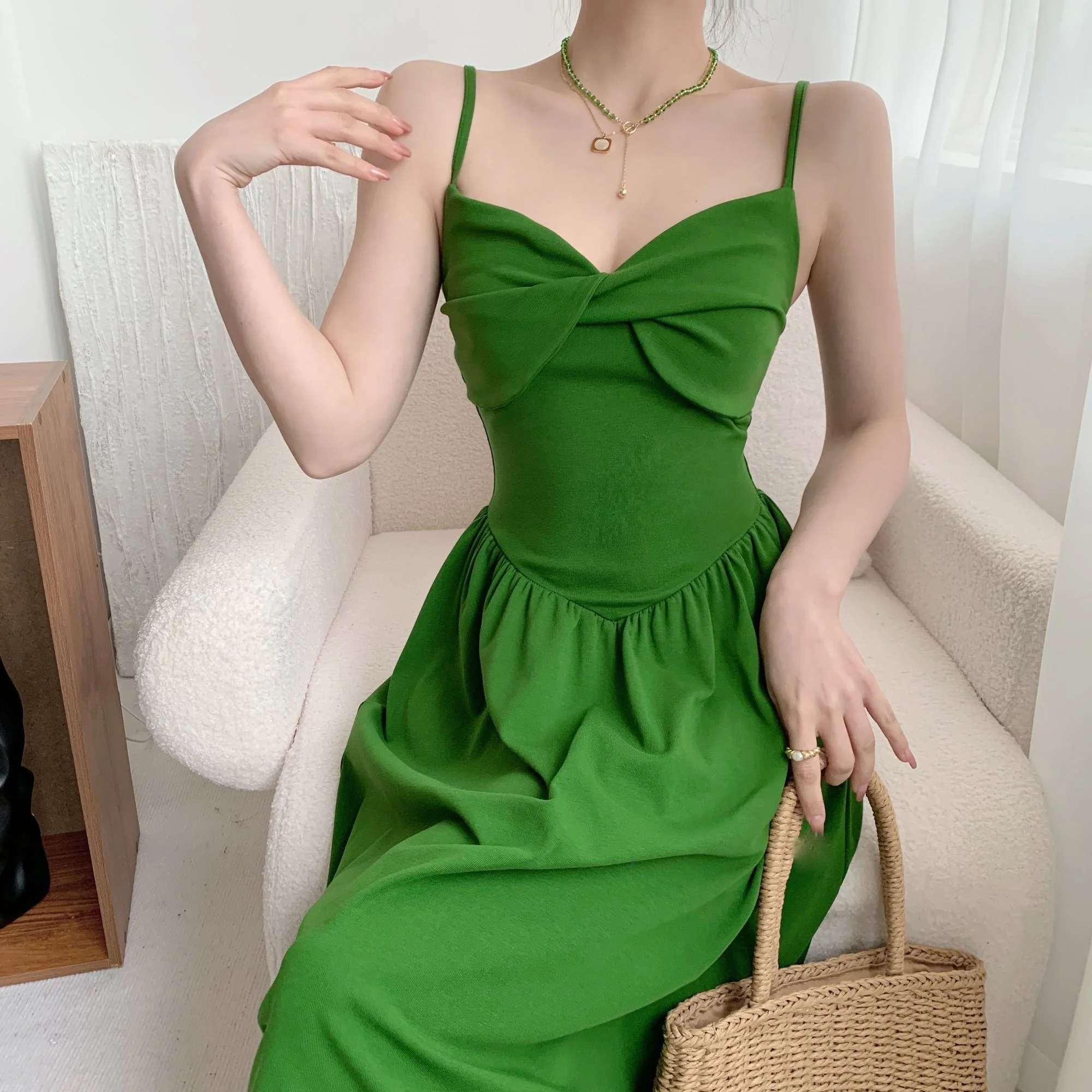 Зелена дълга рокля Макси с каишка на кръста, женски лятото на френското рокля трапецовидна форма с отворен гръб, Sweet Fahsion M564 Изображение 4