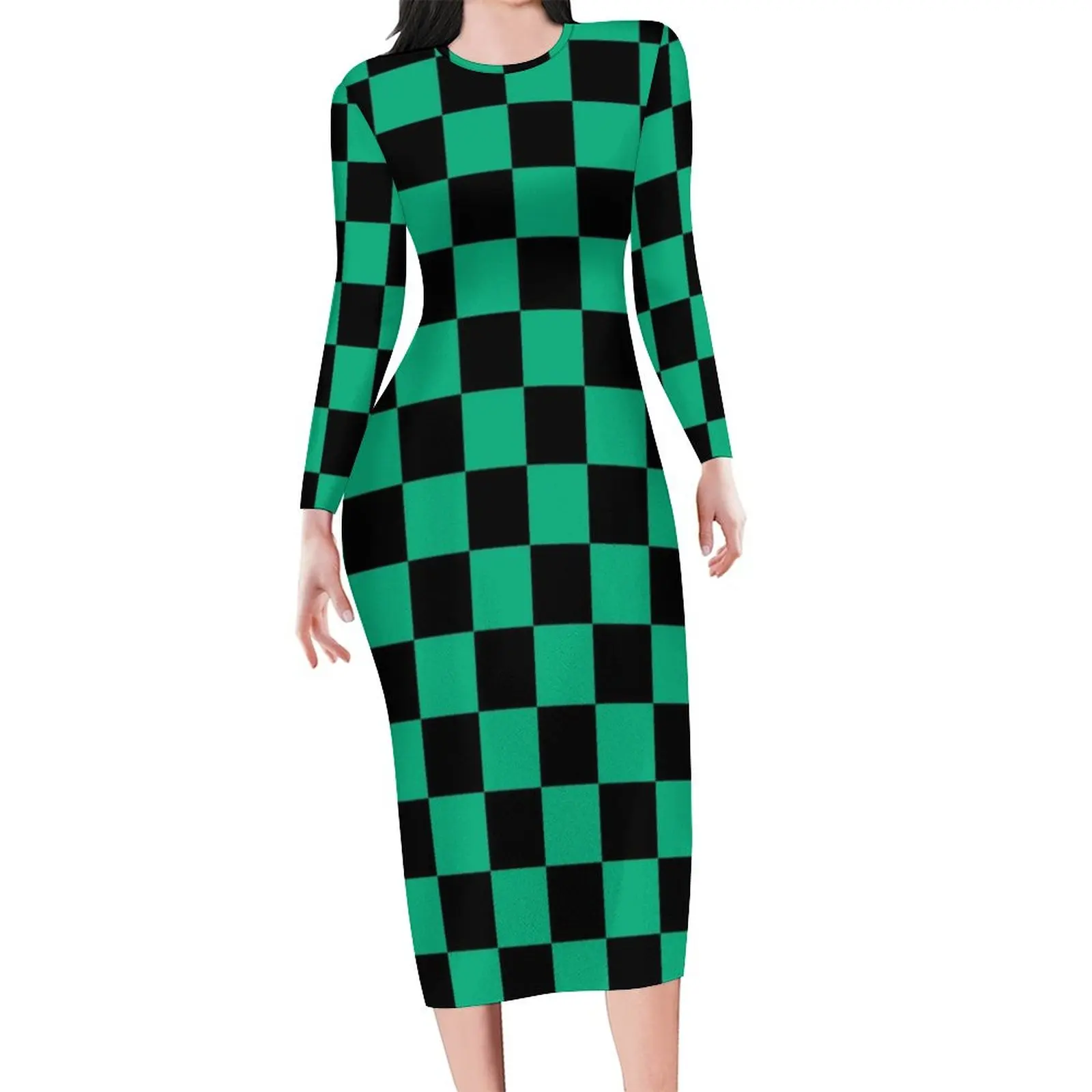 Зелена и черна рокля в шахматна дъска модел, секси ретро-квадратно естетическо дебнещ рокля с дълъг ръкав, секси рокли, дизайн Oversize Vestidos Изображение 0