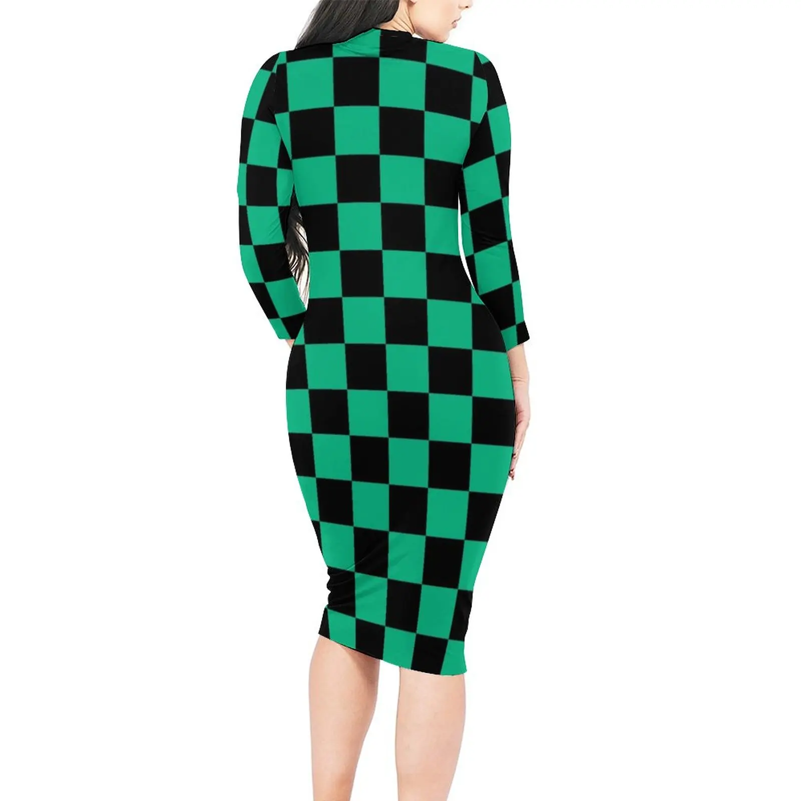 Зелена и черна рокля в шахматна дъска модел, секси ретро-квадратно естетическо дебнещ рокля с дълъг ръкав, секси рокли, дизайн Oversize Vestidos Изображение 1