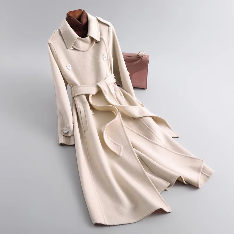 Зима и есен женско класическо кашемировое палто, вълнена женска мека удобна риза, горна дреха, вълнена палто с колан QN4865 Изображение 0
