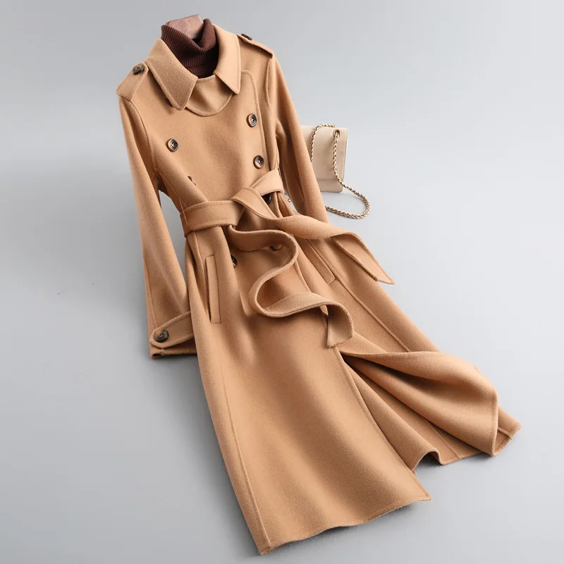 Зима и есен женско класическо кашемировое палто, вълнена женска мека удобна риза, горна дреха, вълнена палто с колан QN4865 Изображение 3