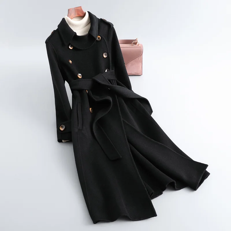 Зима и есен женско класическо кашемировое палто, вълнена женска мека удобна риза, горна дреха, вълнена палто с колан QN4865 Изображение 4