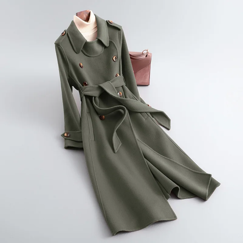 Зима и есен женско класическо кашемировое палто, вълнена женска мека удобна риза, горна дреха, вълнена палто с колан QN4865 Изображение 5
