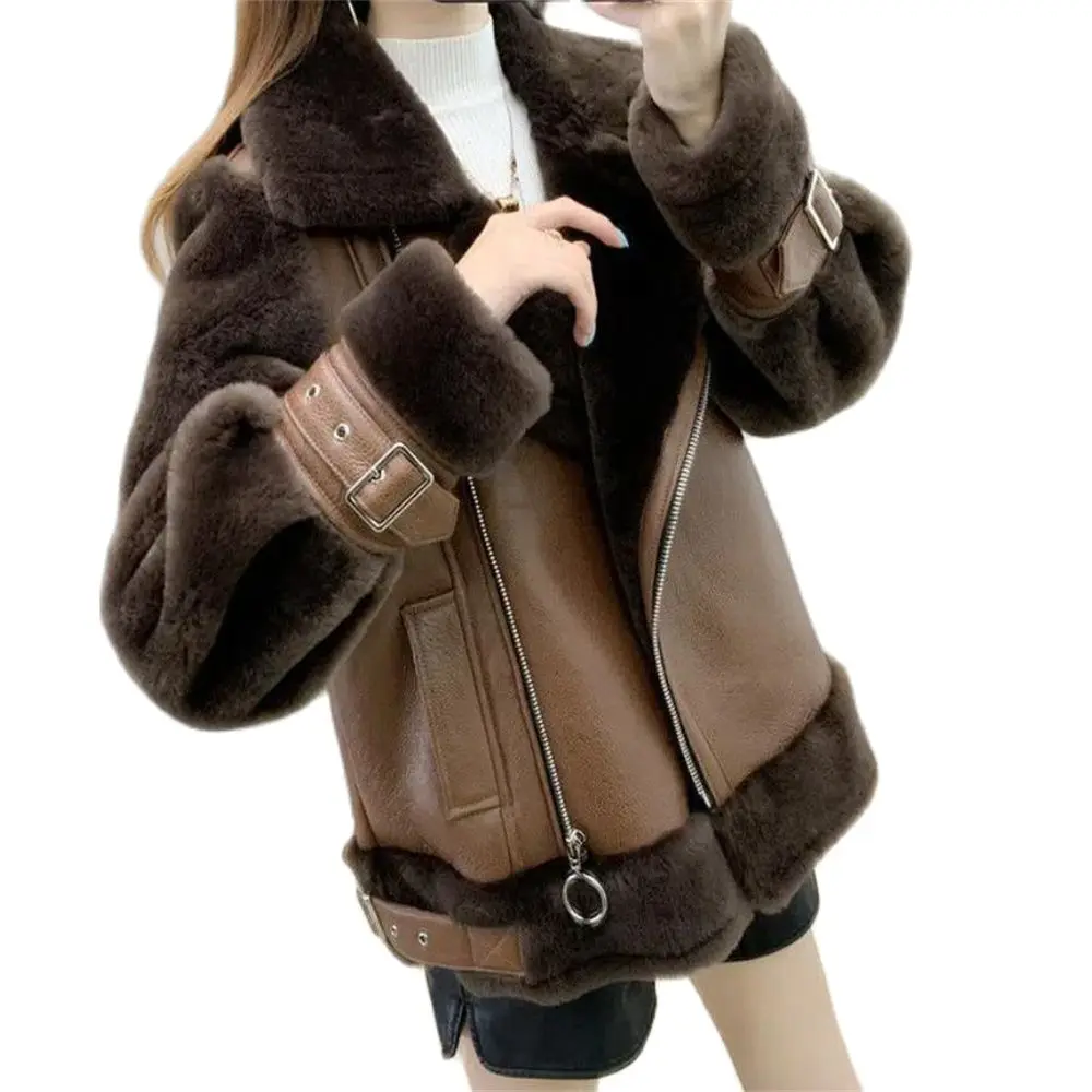 Зимна кожа на горно облекло, дамски якета от изкуствена кожа заек, гъст топло мотоциклетное палто с цип, дамски вълнена подплата, casual есен ветровка Изображение 0