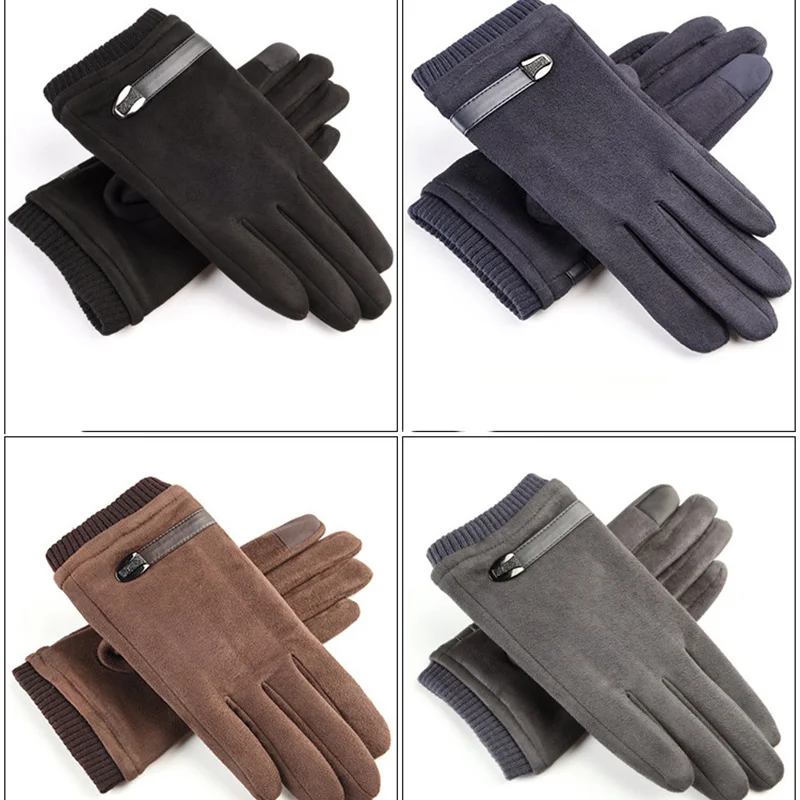 Зимните плюс кадифе, велур-ръкавици, мъжки ветроупорен ръкавици със сензорен екран на пълни пръсти, мъжки ръкавици за спорт на открито с катарама Изображение 4