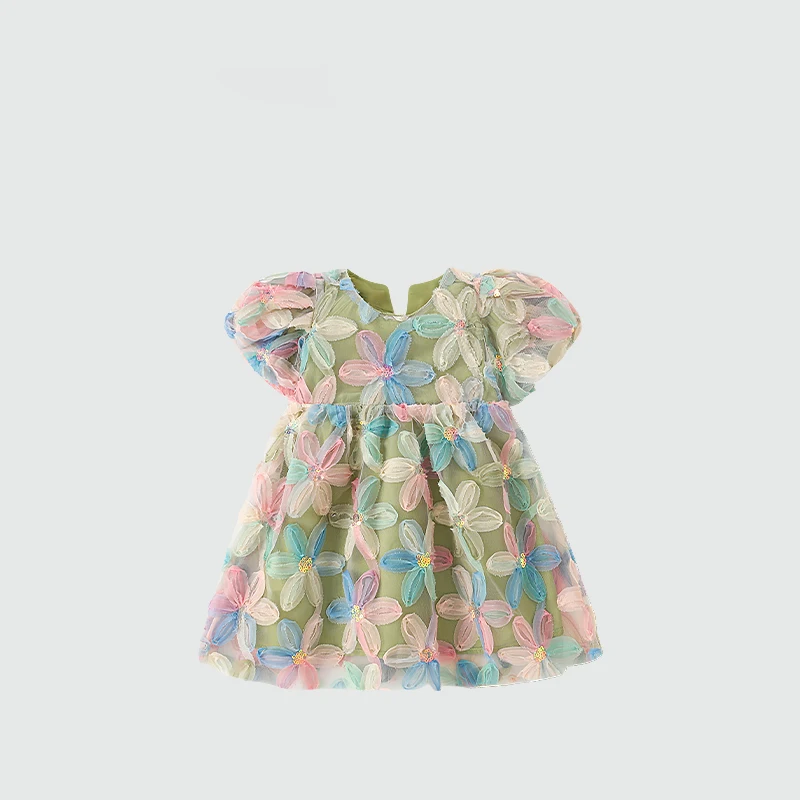 Изискана рокля от тюл с цветен модел, расшитое мъниста, за момичета, сетчатое рокля в контрастен цвят, с пищни ръкави, детски рокли за рожден ден от 1 до 8 години Изображение 4