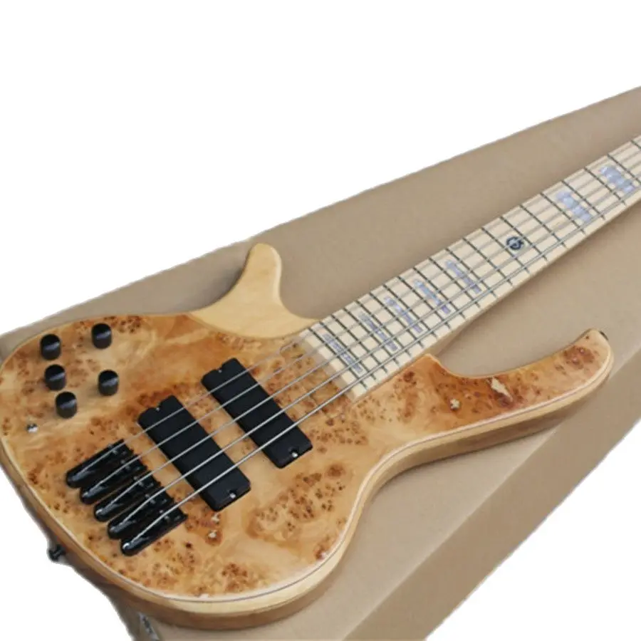 Индивидуален нов стил, 5-струнен бас-електрическа китара с модел от развалено дърво с лявата си ръка, кленов лешояд, черен аксесоари, високо качество Изображение 0