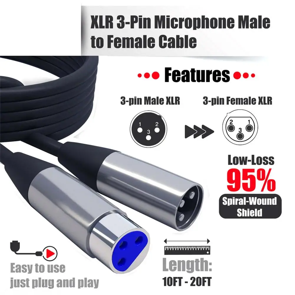 Кабел XLR микрофон, 3-пинов аудио кабел, конектор за свързване на кабели, разклонител, Аксесоари за кабел 1,5 М/3 м Изображение 2
