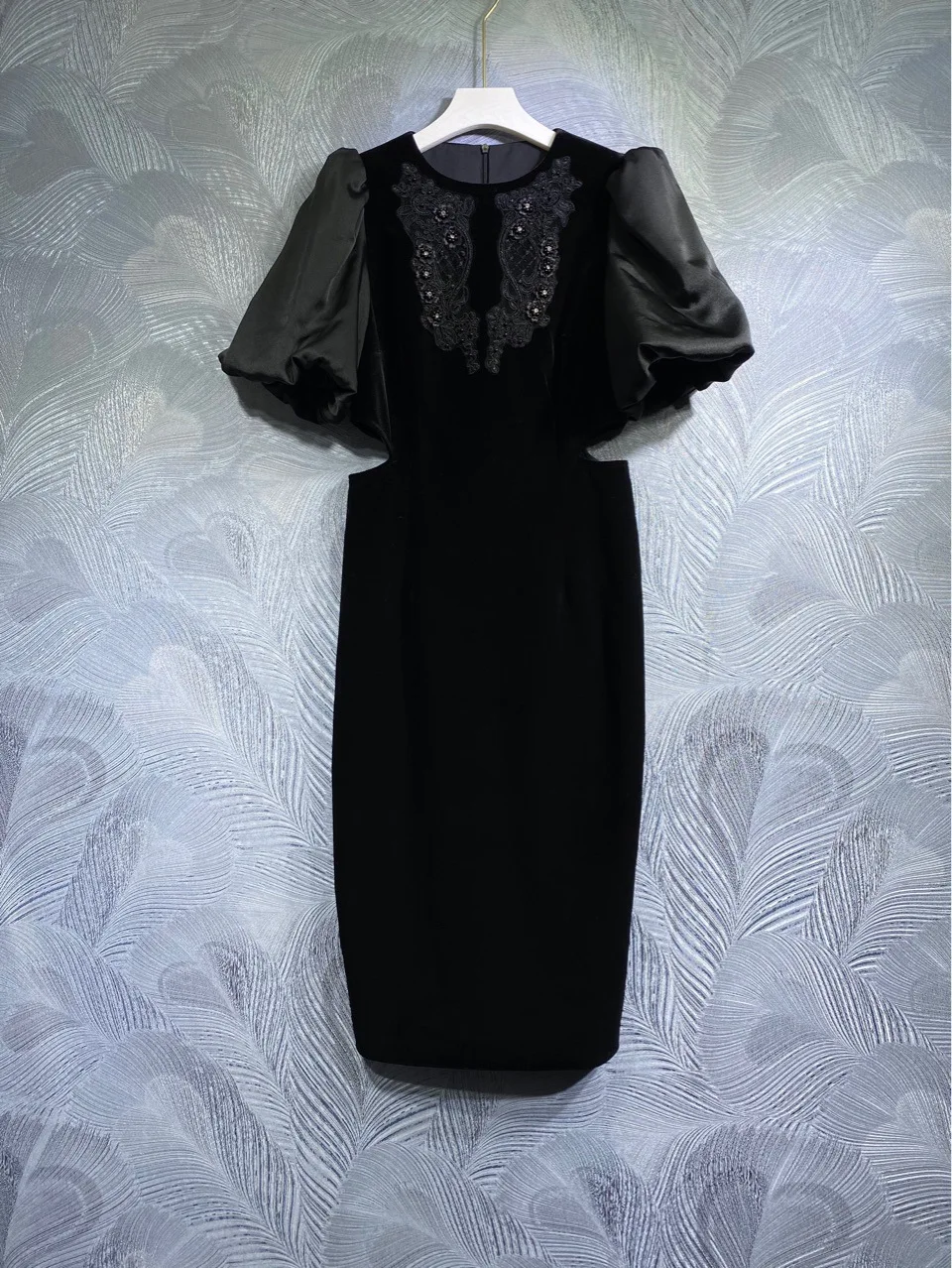 Кадифе плат, черен на Цвят, женски пряко рокля с пищни ръкави, диаманти, beading, приталенные дамски дълги рокли с изрези Изображение 1