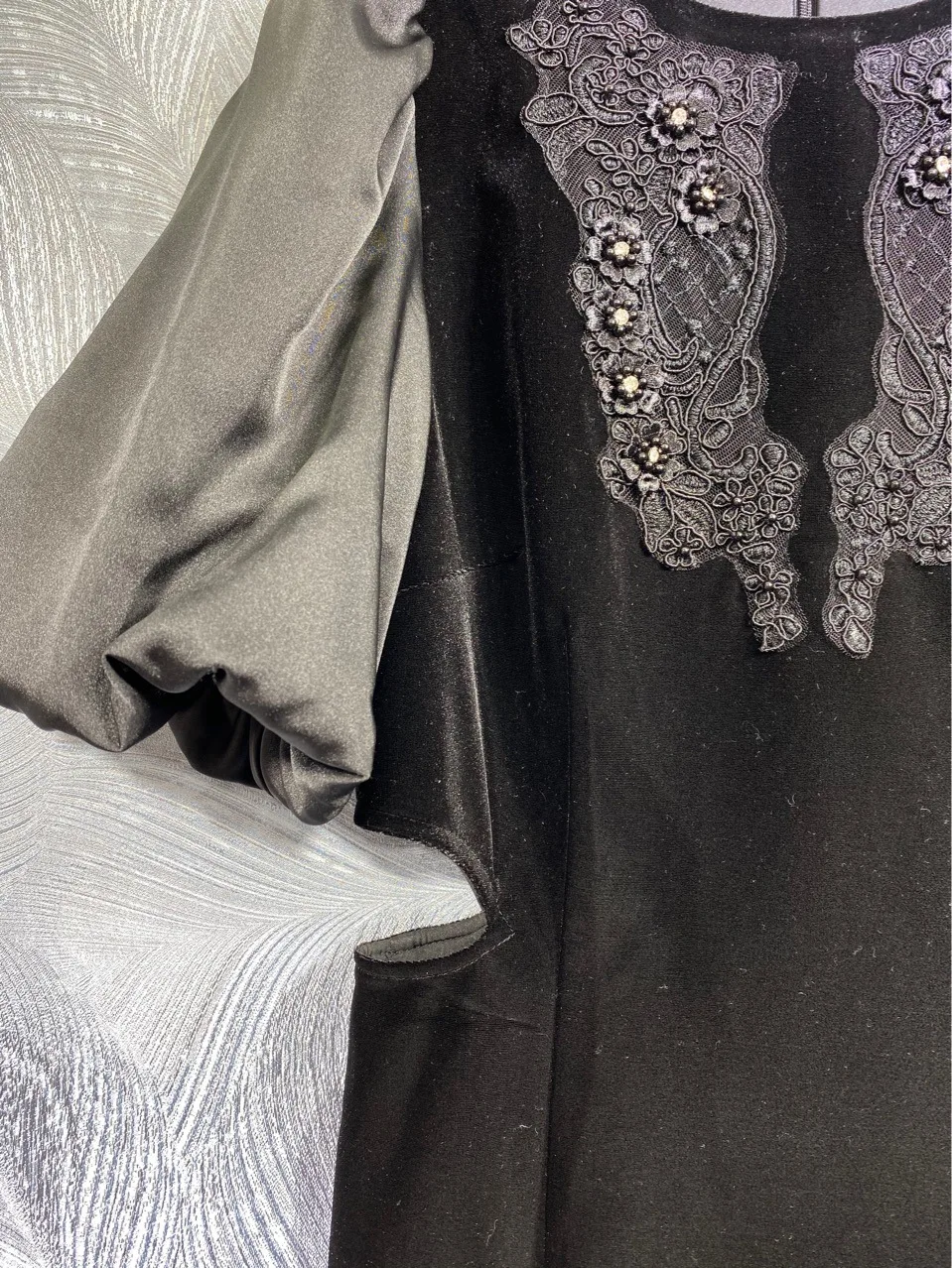 Кадифе плат, черен на Цвят, женски пряко рокля с пищни ръкави, диаманти, beading, приталенные дамски дълги рокли с изрези Изображение 3