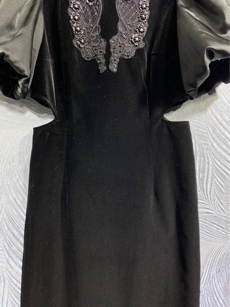 Кадифе плат, черен на Цвят, женски пряко рокля с пищни ръкави, диаманти, beading, приталенные дамски дълги рокли с изрези Изображение 4