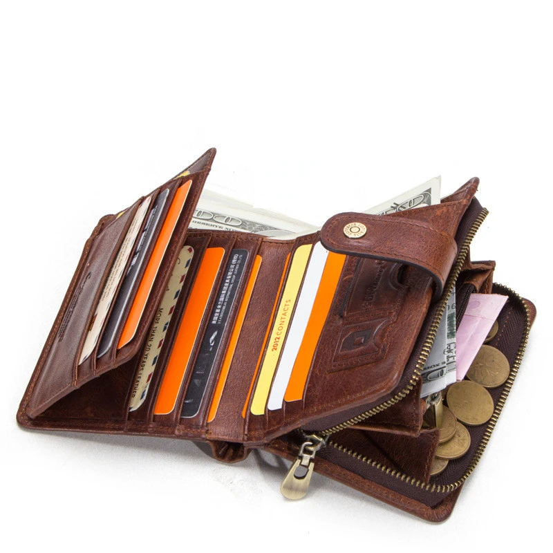 Кожен мултифункционален мъжки портфейл, Кожена клатч, мъжки портфейл с джоб за монети, Къси портмоне с цип с притежателите на карти Изображение 1