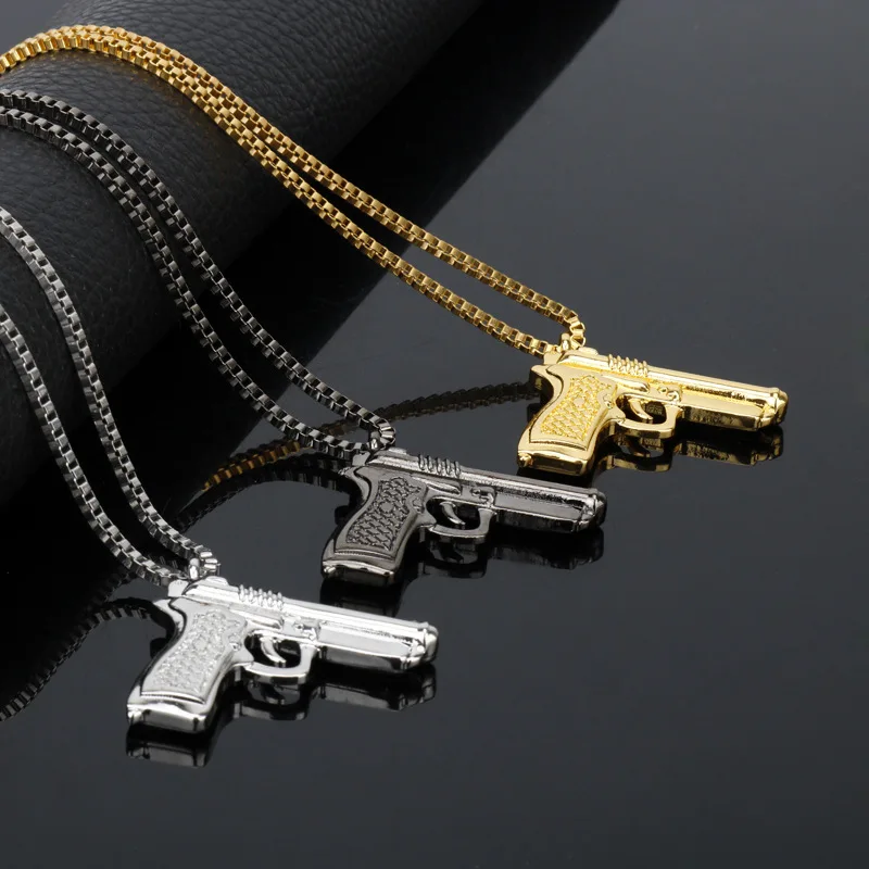 Колие с пистолет в стил хип-хоп, очарователен златни колиета с висулки във формата на пистолет-картечница за жени и мъже, модни бижута, стръмни аксесоари за греди Изображение 0