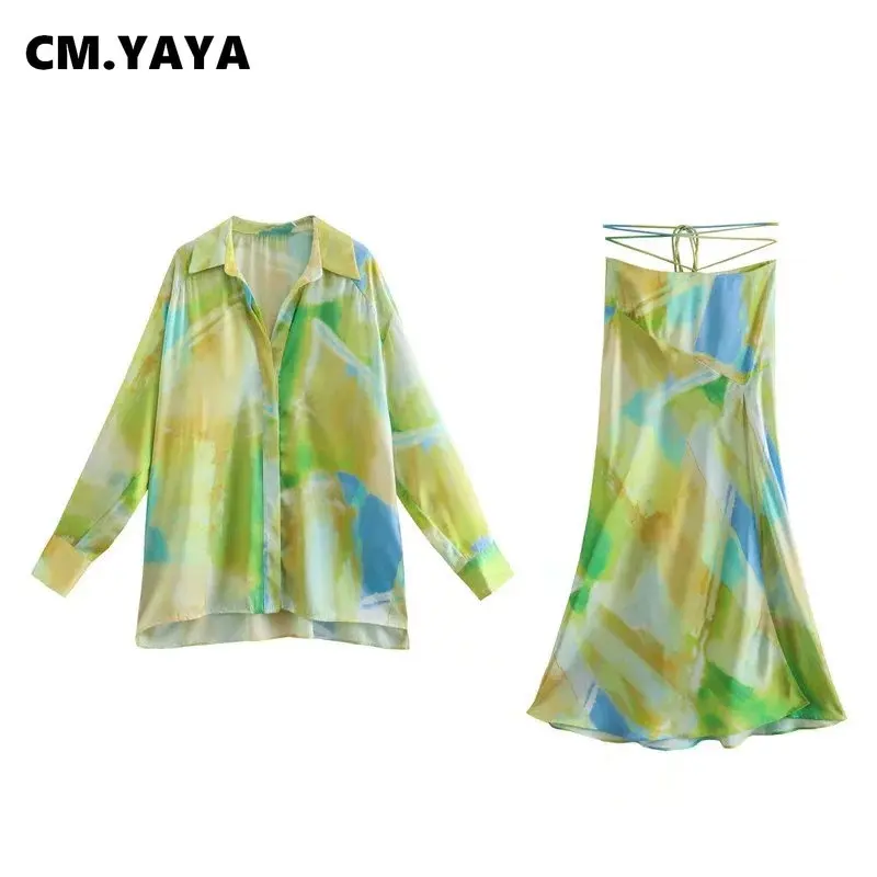 Комплекти от прагове с принтом CM.YAYA, за жени, блузи с дълги ръкави и Поли трапецовидна форма с цепка отстрани, Елегантни Комплекти от две части Изображение 1
