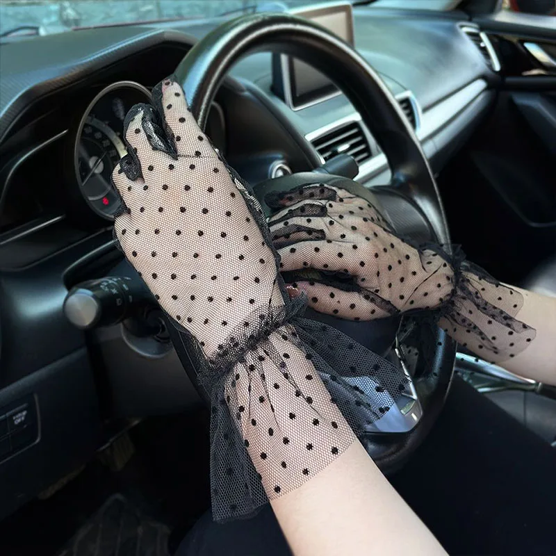 Корейски дантелени Слънчеви Ръкавици за жени, летни нескользящие тънки ръкавици на точки за танцови представления, упътвания, кратки ръкавици за шофиране с пълни пръсти Изображение 2