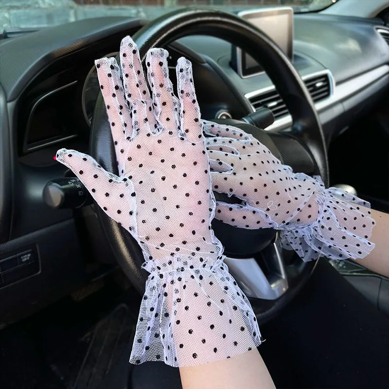 Корейски дантелени Слънчеви Ръкавици за жени, летни нескользящие тънки ръкавици на точки за танцови представления, упътвания, кратки ръкавици за шофиране с пълни пръсти Изображение 4