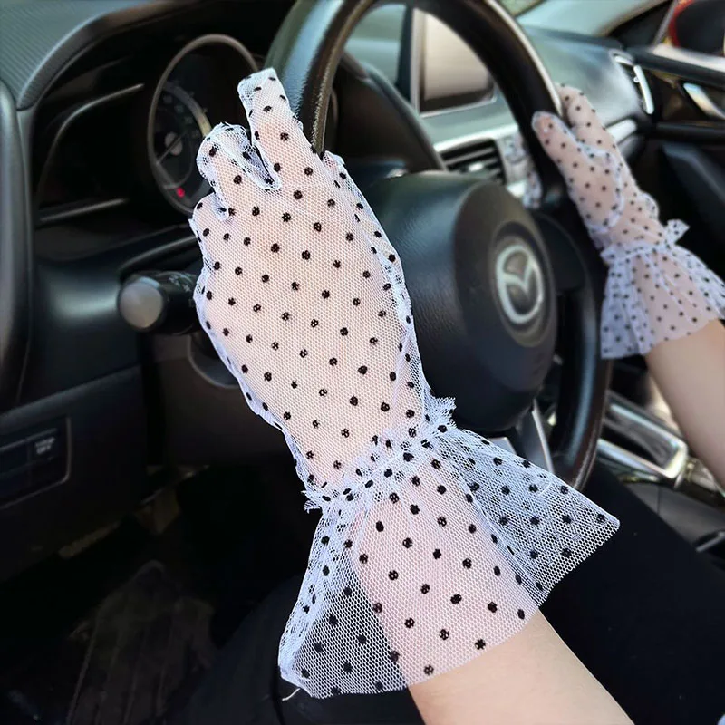 Корейски дантелени Слънчеви Ръкавици за жени, летни нескользящие тънки ръкавици на точки за танцови представления, упътвания, кратки ръкавици за шофиране с пълни пръсти Изображение 5