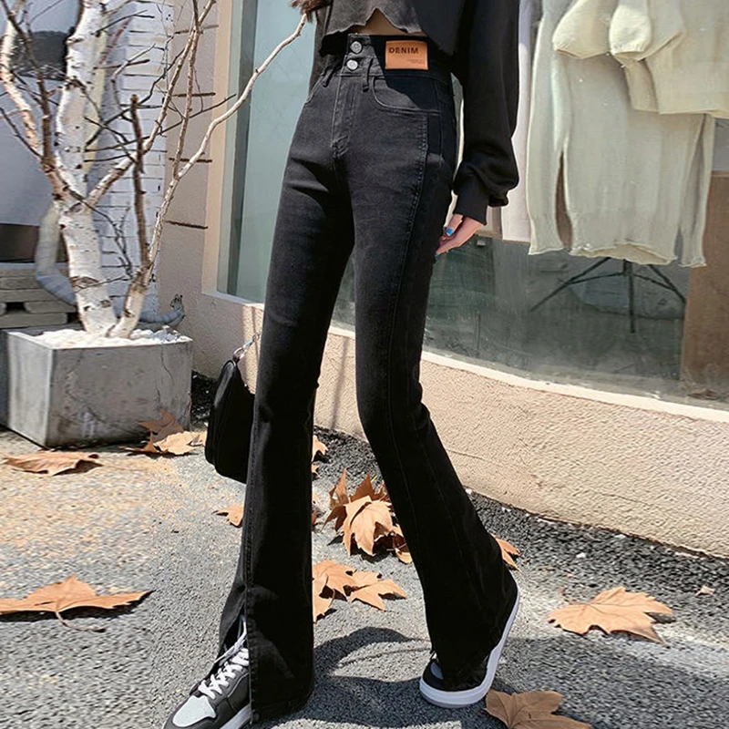 Корейски дънки с висока талия, микро-панталони с цепка отпред, дамски пролетно-летни еластични дънки с широки штанинами Изображение 0