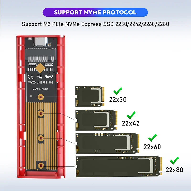 Корпус NVME M. 2 Case NVME M2 SSD Case M2 SSD Адаптер Корпус SSD Алуминиев USB 3.1 Type C 10 gbps M. 2 NVME на Външния корпус на Скоростна Изображение 4