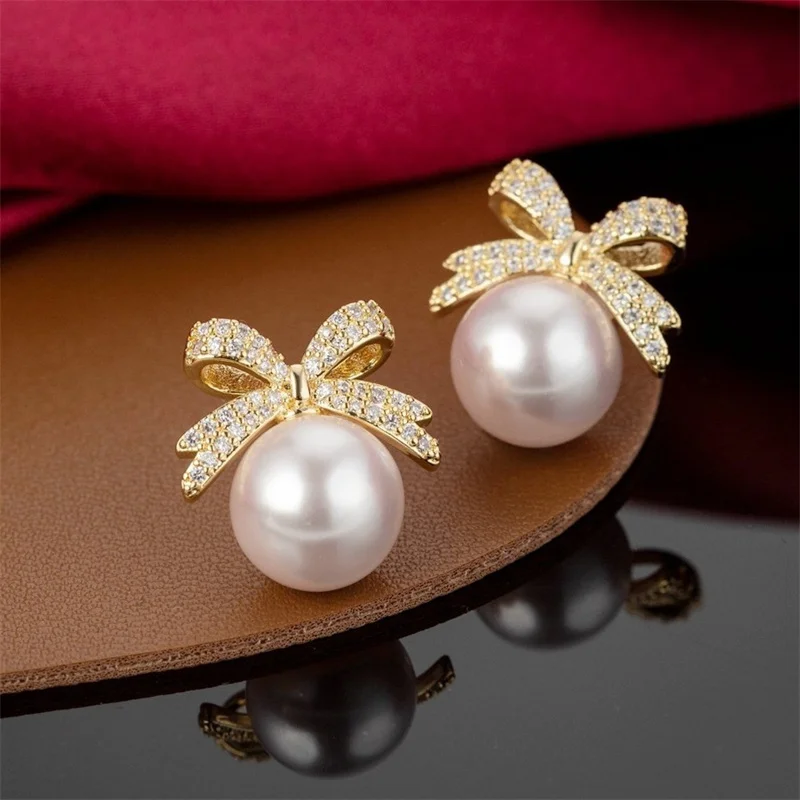 Красиви дамски обици-розово с бели перли, луксозни обеци с кристали, сватбени обици златен цвят за жени Изображение 1