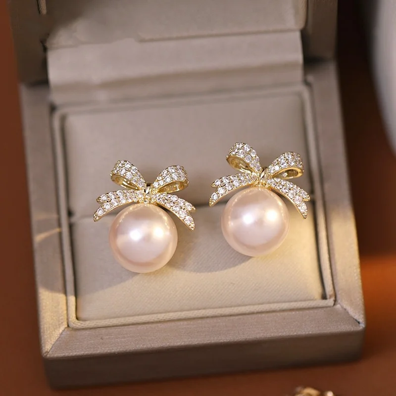 Красиви дамски обици-розово с бели перли, луксозни обеци с кристали, сватбени обици златен цвят за жени Изображение 4