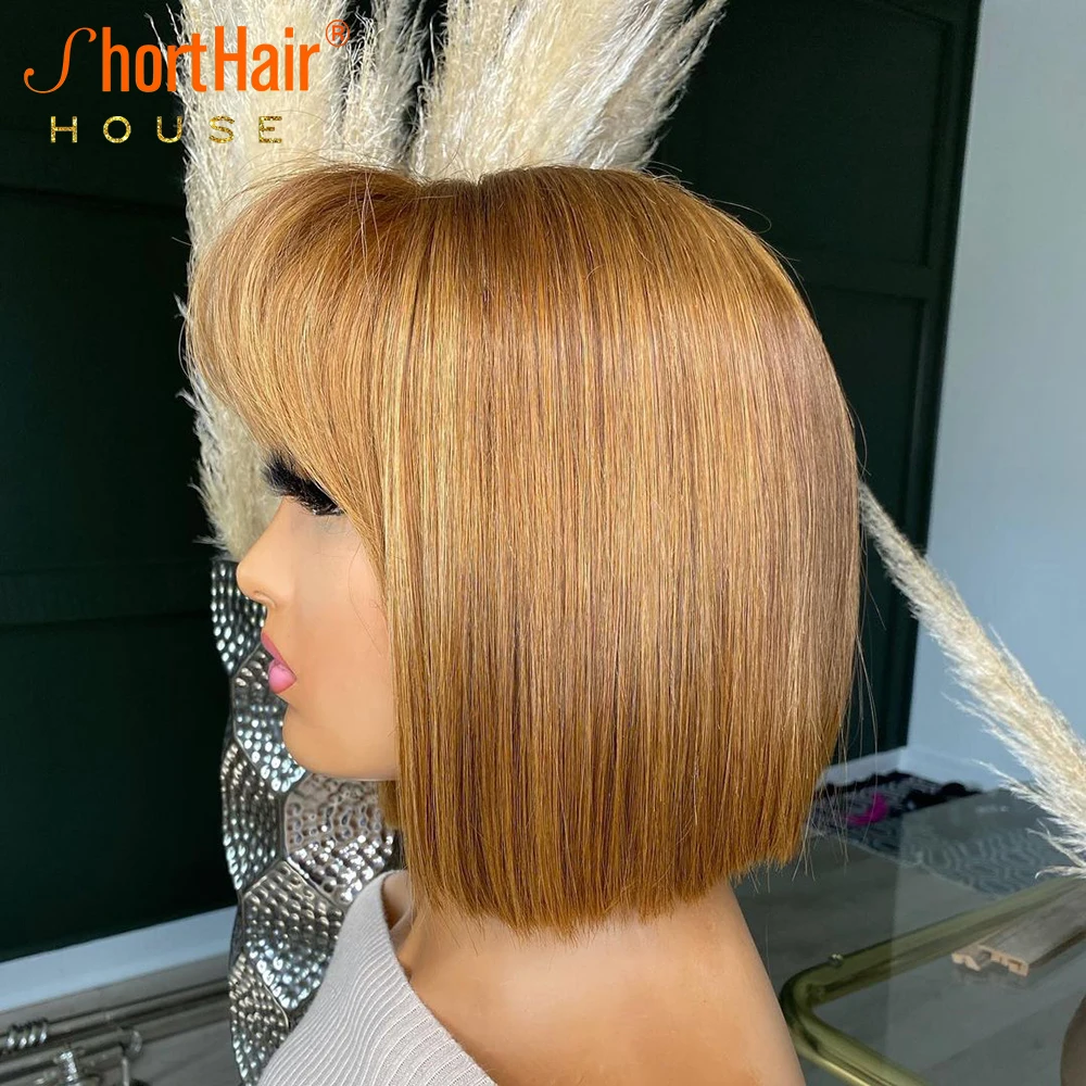 Кратък перука-боб от светли коса с буйна бретон, бразилски перуки, изработени от човешка коса, за жени, перуки машина за производство, перуки от естествен черен цвят Изображение 2