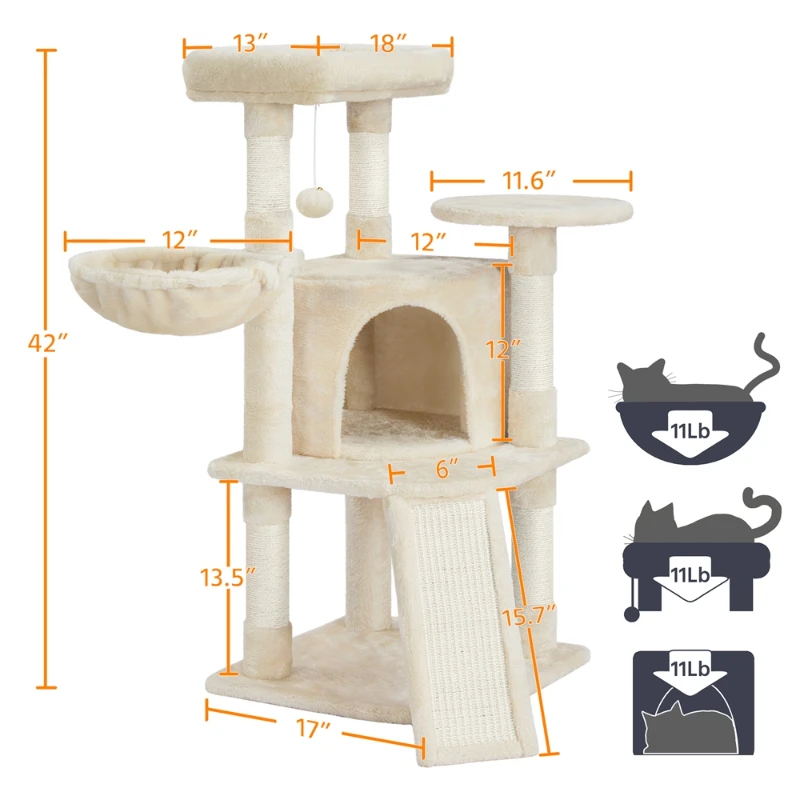 Кулата на дървото с кошница-насестом за котки със среден размер, бежов Изображение 2