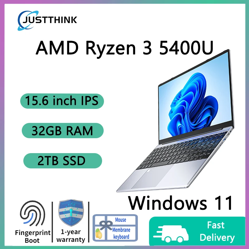 Лаптоп за игри с 15-инчов екран FHD AMD Ryzen 3 5400U R3 Шестиядерный процесор, 32 GB оперативна памет от 512 GB SSD Преносим Компютър с Windows 11 Pro Изображение 0
