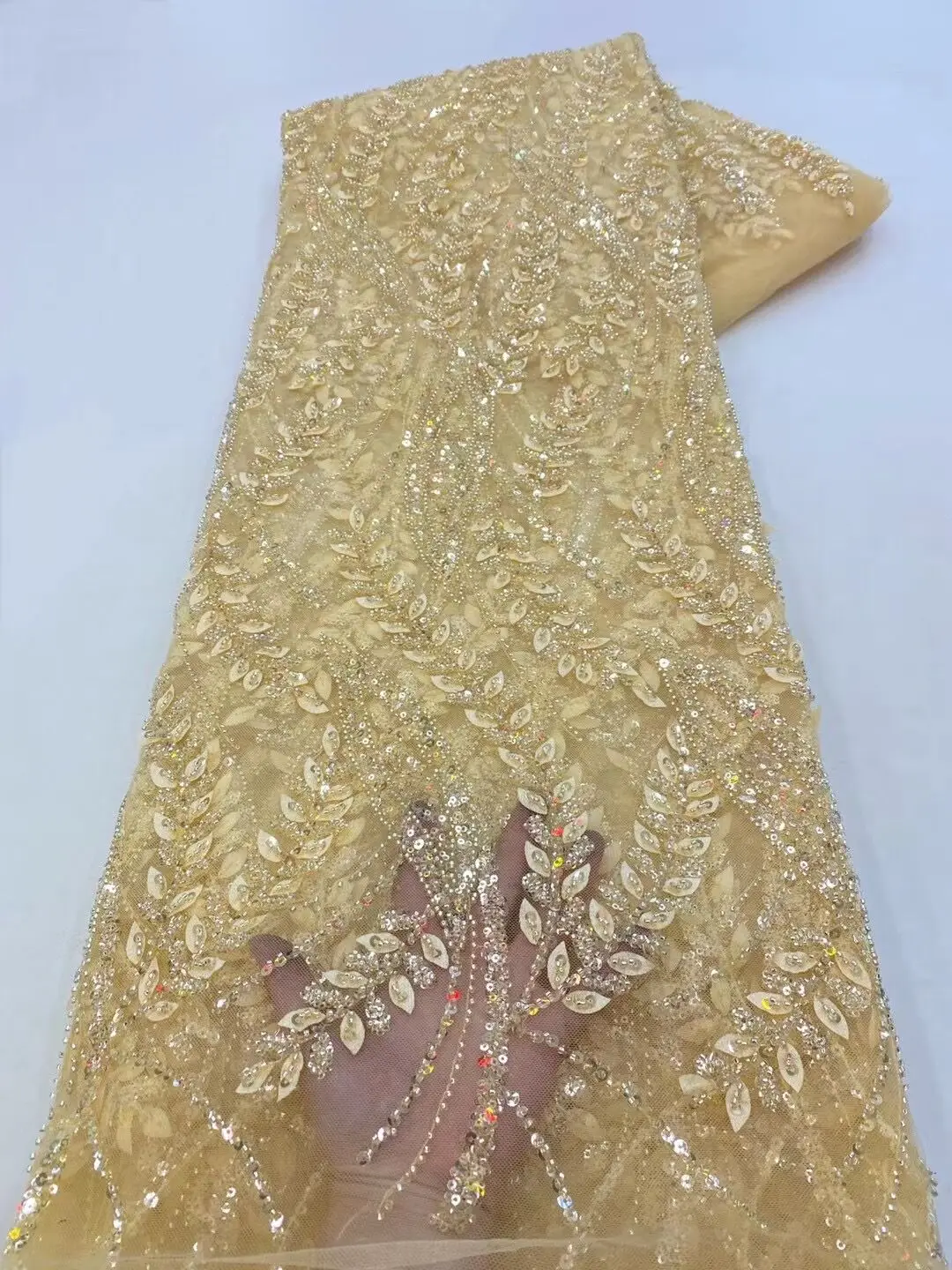 Лейси плат Луксозна нигерийская плат с мъниста J-1302168, африканска лейси плат за сватбени партита, сватбени дантелени тъкани Изображение 5