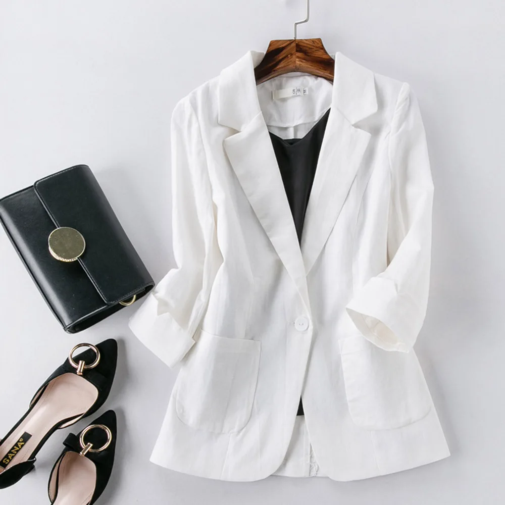 Лен памук малък блейзър, годишен женски костюм, палто, кратък топ на три четвърти, тънко яке, класически шик жена офис облекло, голям размер Изображение 0