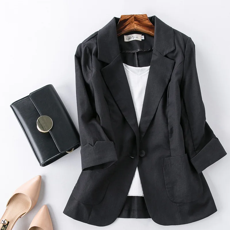 Лен памук малък блейзър, годишен женски костюм, палто, кратък топ на три четвърти, тънко яке, класически шик жена офис облекло, голям размер Изображение 2